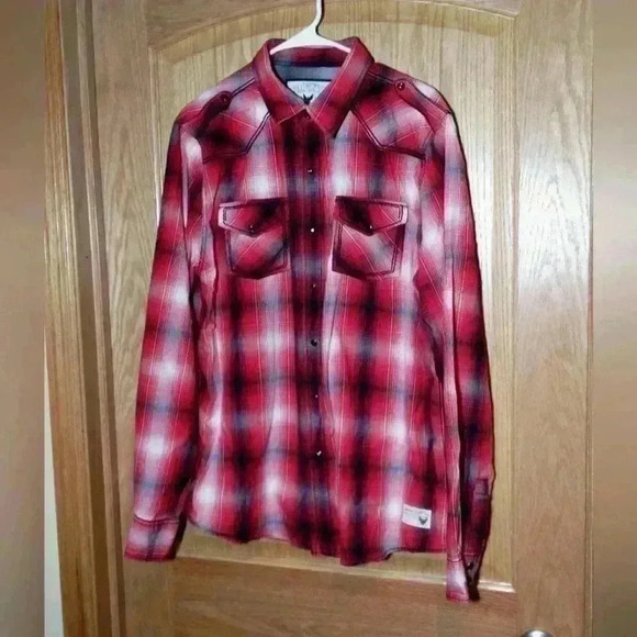 Company 81 red gray plaid, black pearl snap long sleeve button down size XL - Picture 1 of 10